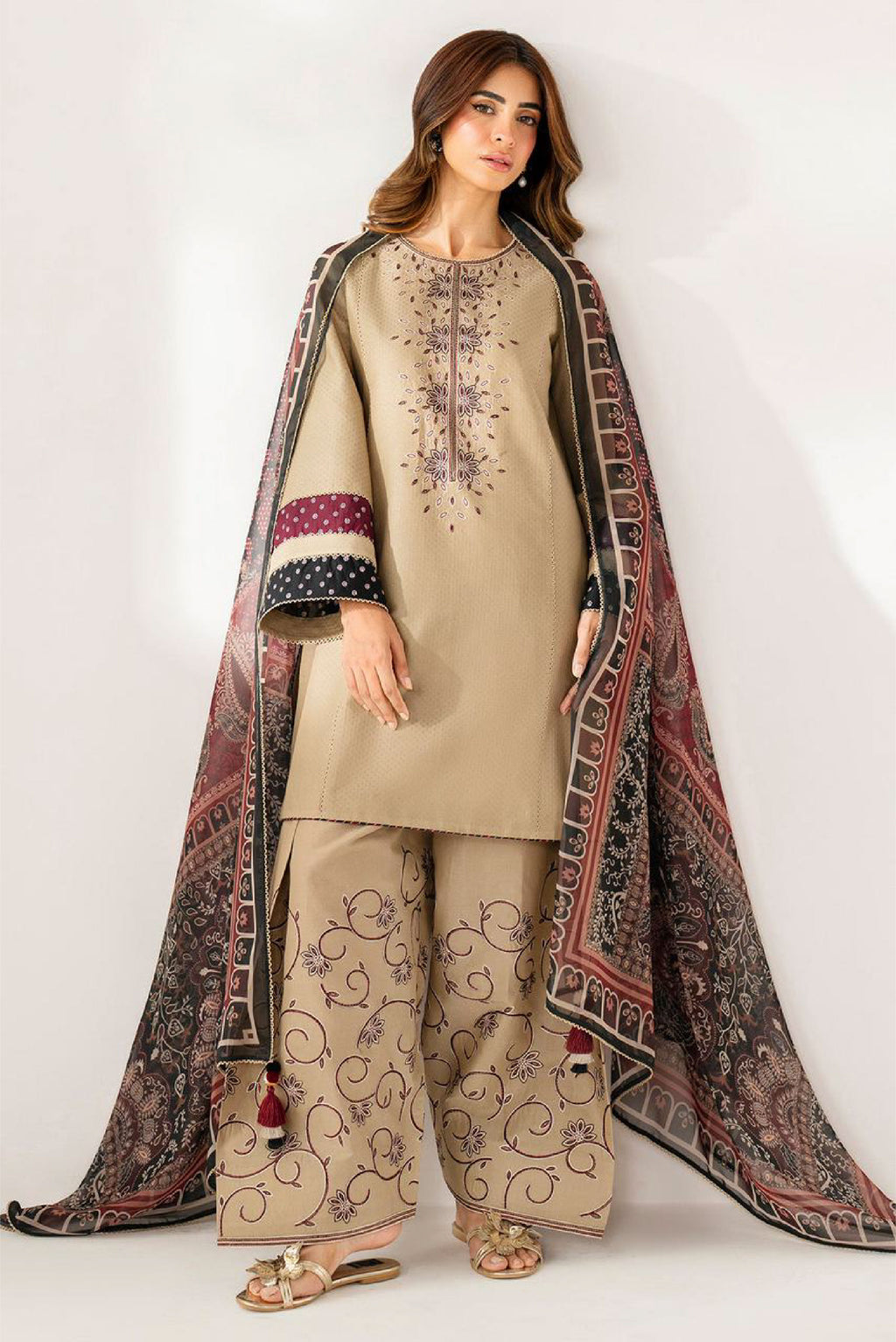 3Pc Embroidered DHANAK With Pashmina Wool Shawl