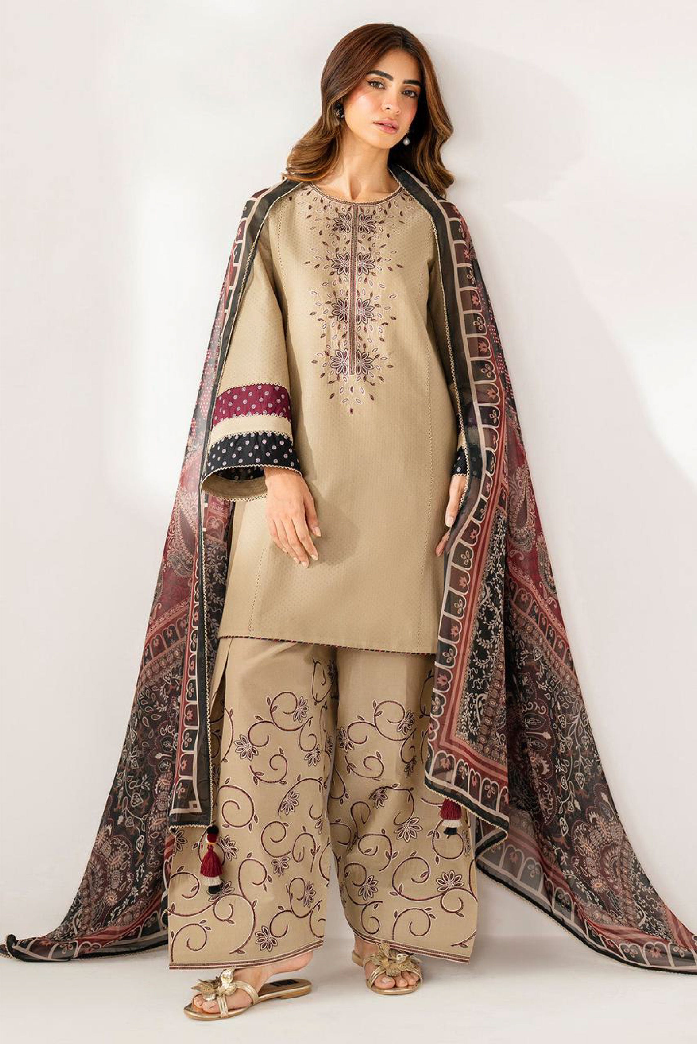 3Pc Embroidered DHANAK With Pashmina Wool Shawl