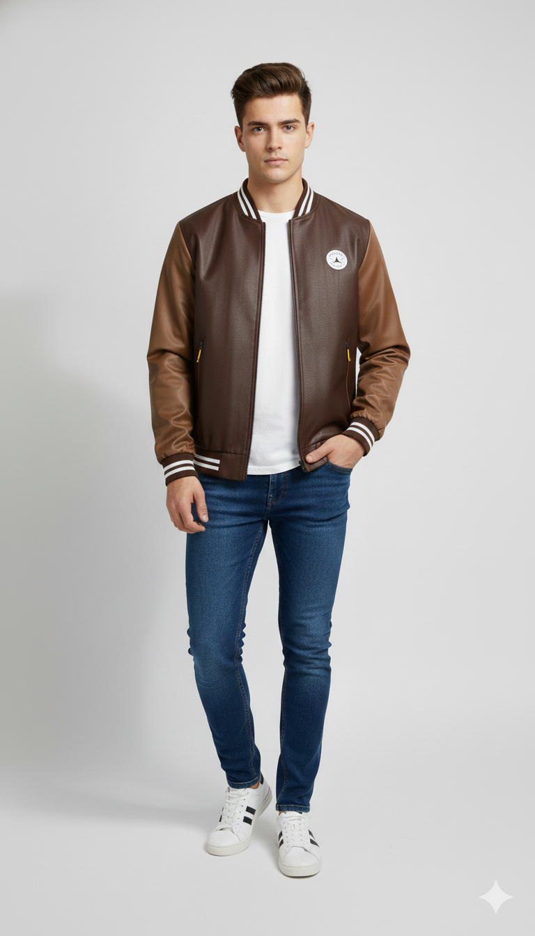 Premium Men's Jacket Varsity Leather Front - Brown