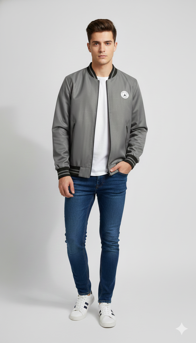 Premium Men's Jacket Varsity Leather Front - Gray