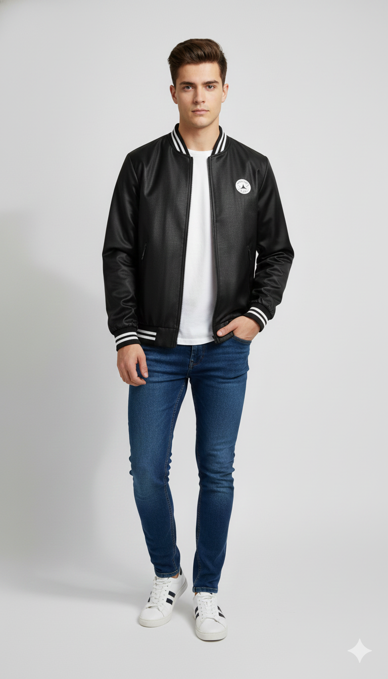 Premium Men's Jacket Varsity Leather Front - Black
