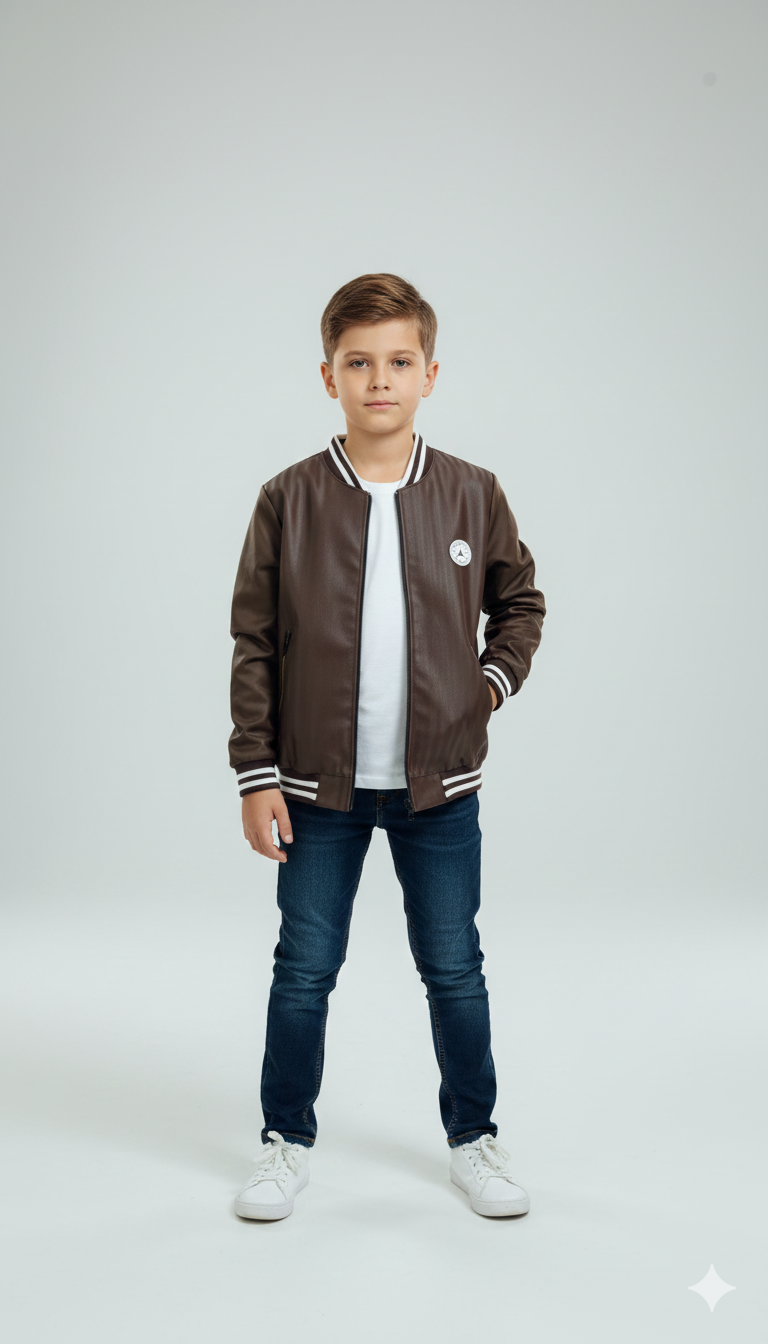 Kids Premium Brown Jacket Leather Front Jacket (5–10 Years)