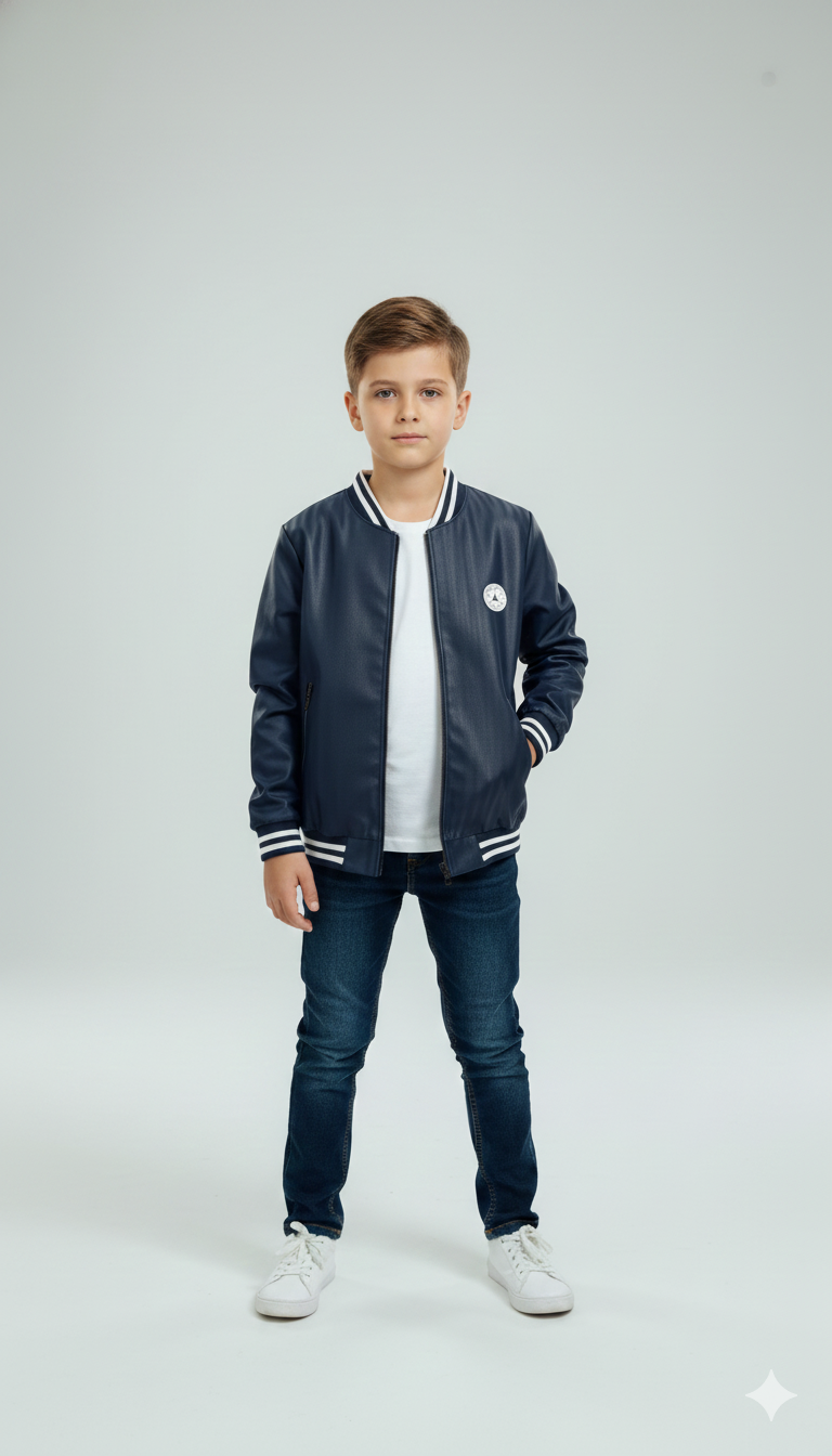 Kids Premium Blue Jacket Leather Front Jacket (5–10 Years)