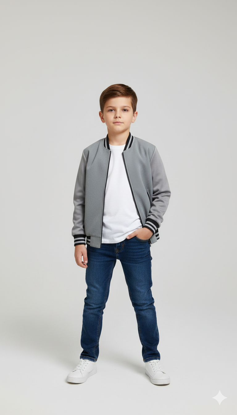 Kids Premium Grey Jacket Leather Front Jacket (5–10 Years)