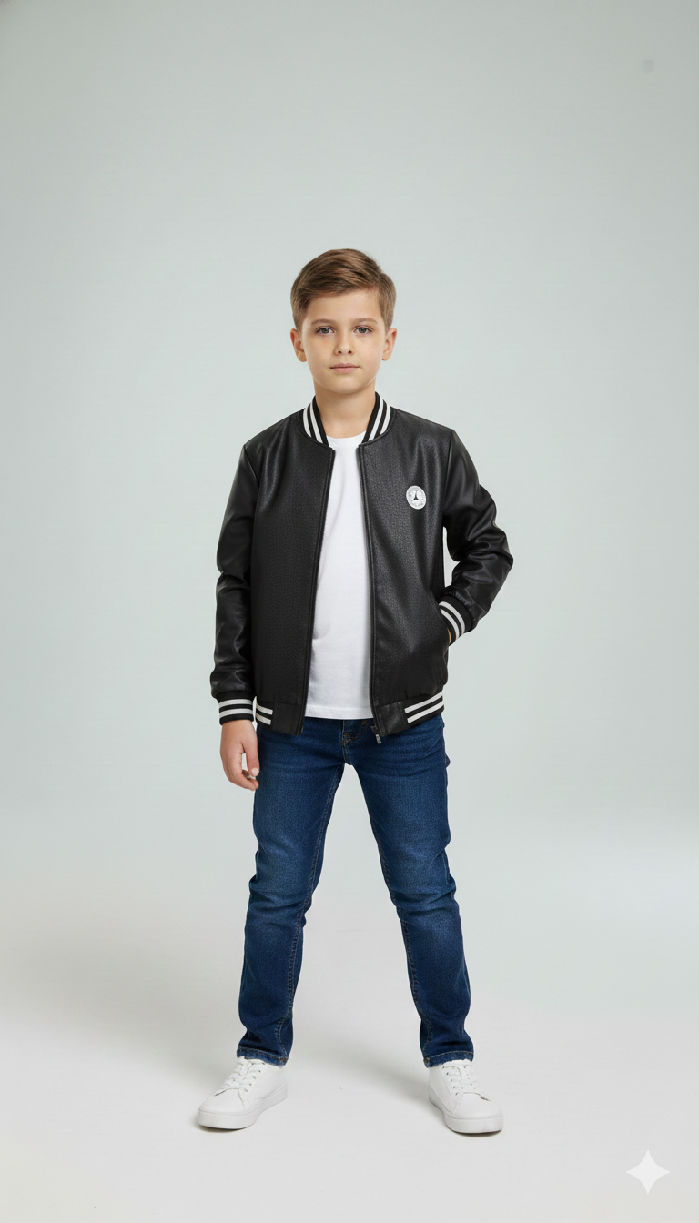 Kids Premium black Jacket Leather Front Jacket (5–10 Years)