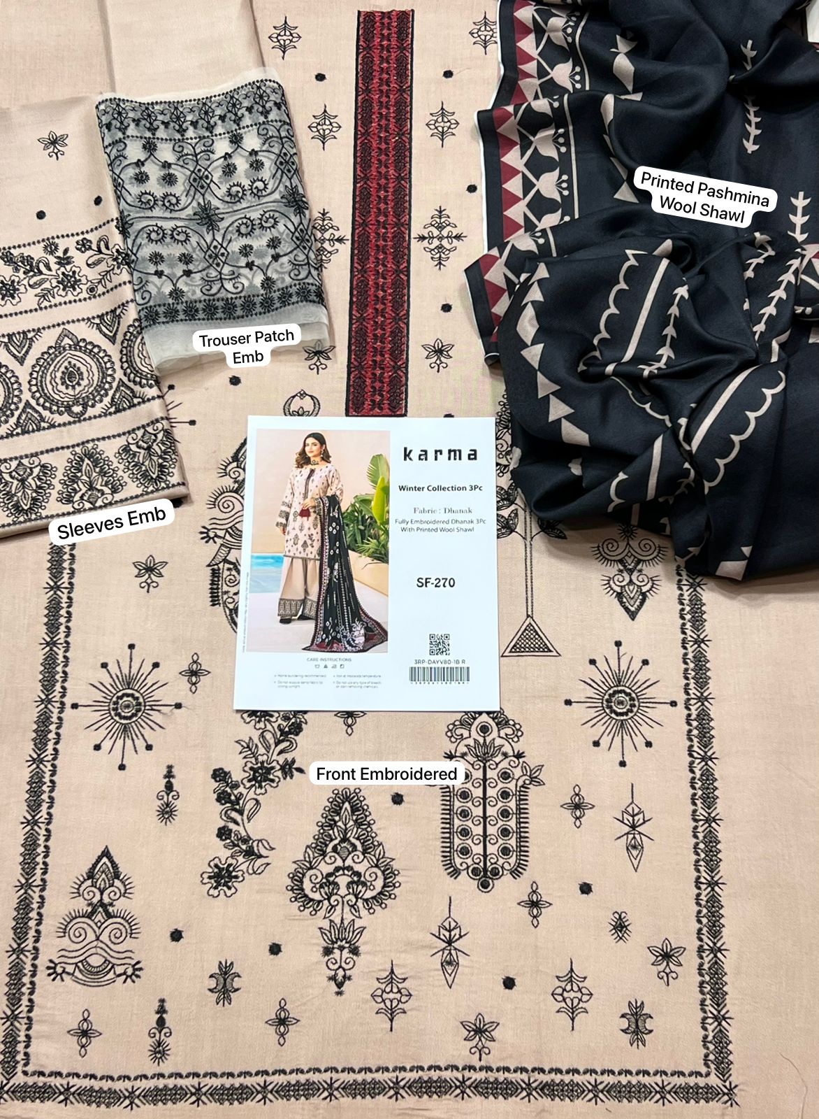 3Pc DHANAK Embroidered With Pashmina Wool Shawl